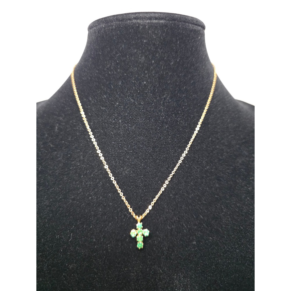 Gold Tone Green Emerald Cross Pendant Necklace 18 Inch Chain Religious Jewelry